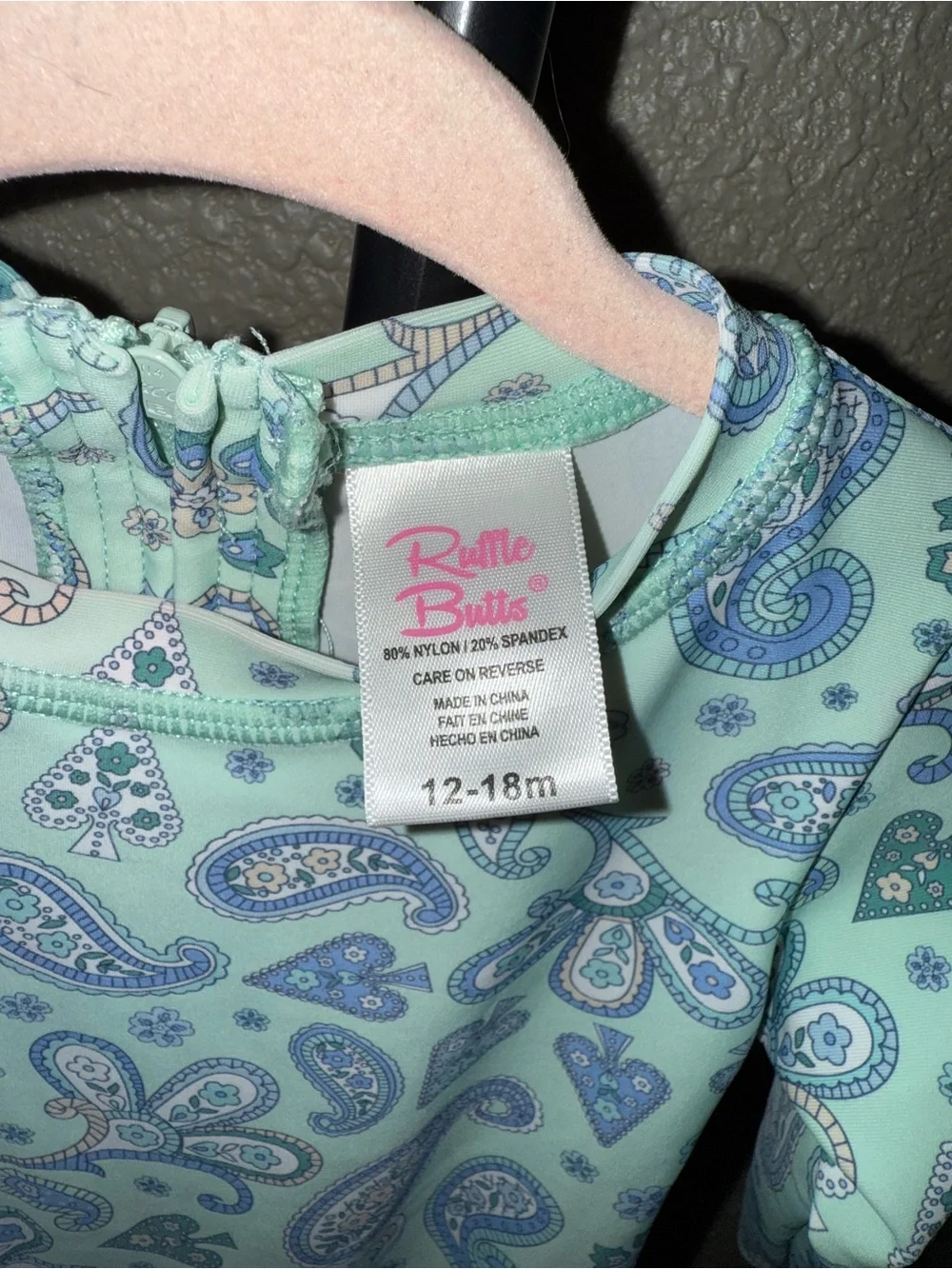 Ruffle Butts Mint Paisley Long Sleeve Baby Swimsuit